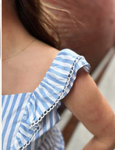 Load image into Gallery viewer, Blue Stripe Ruffle Top with Box
