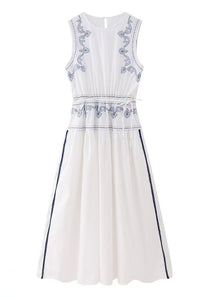 White & Blue Embroidered Linen Dress