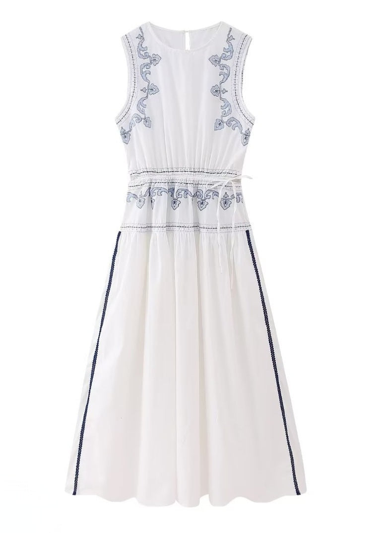 White & Blue Embroidered Linen Dress