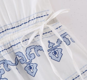 White & Blue Embroidered Linen Dress