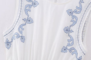 White & Blue Embroidered Linen Dress