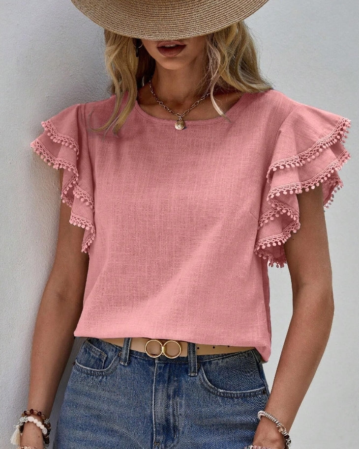 Coral Pink Ruffle Sleeve Top