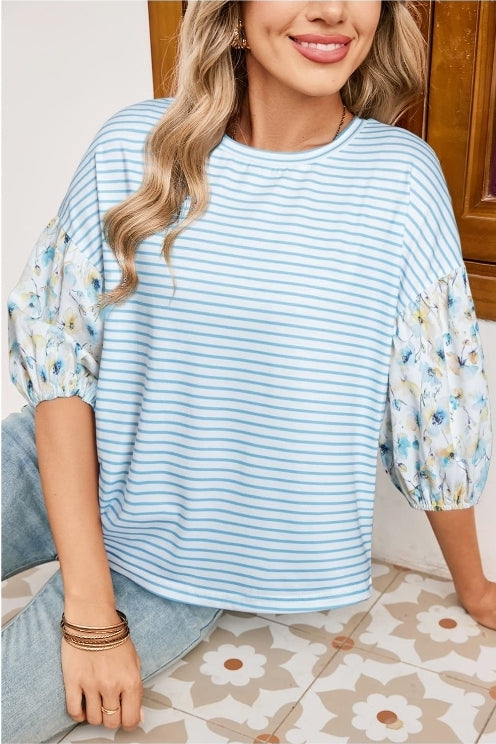 Blue Stripe & Floral Sleeve Shirt