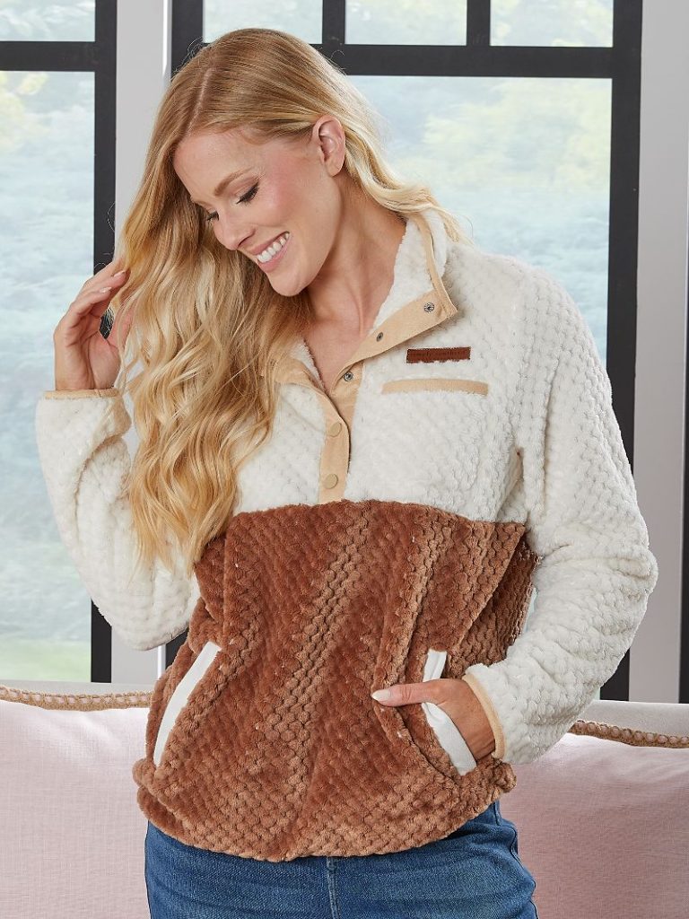 Long Sleeve Soft Sherpa Pullover Sweatshirt- Umber