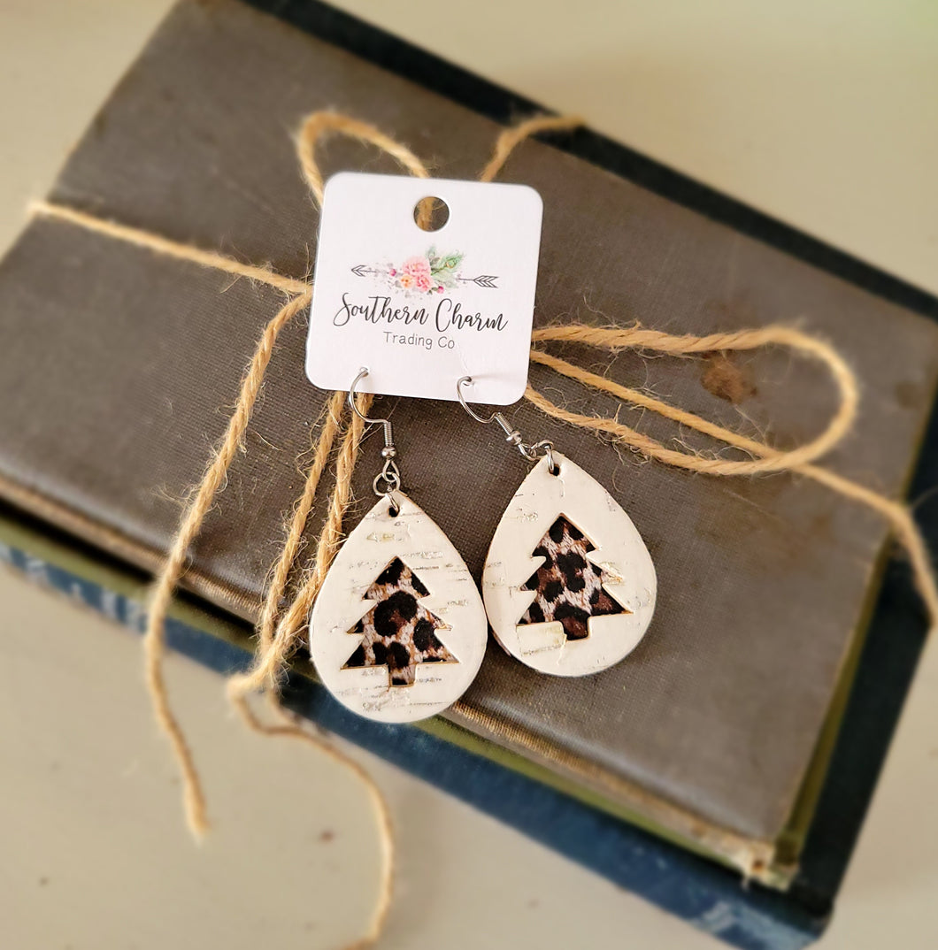 Distressed White and Leopard Tree Earrings