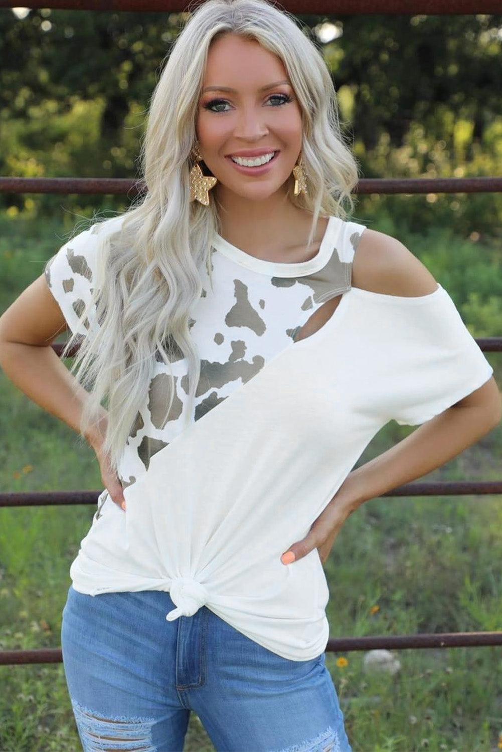 Cold Shoulder Cow Print Tee