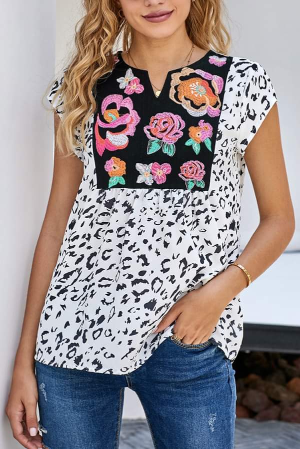 Floral Embroidered Leopard Top