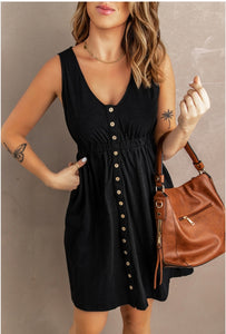 Button High Waist Black Mini Dress