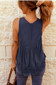 Lace Detail Buttons Back Top Navy