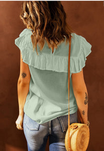 Lace Splicing Ruffled T-Shirt-Mint